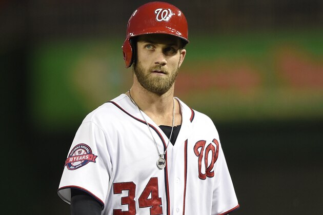 Washington Nationals' Bryce Harper looks on after an interleague baseball game against the Baltimore Orioles, Thursday, Sept. 24, 2015, in Washington. The Orioles won 5-4. (AP Photo/Nick Wass)