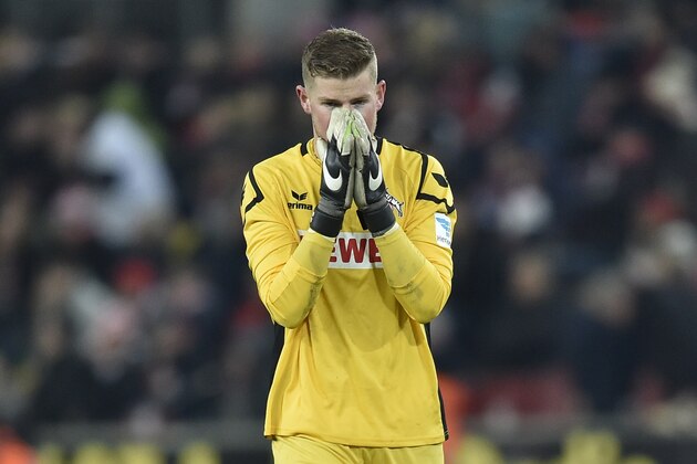 Cologne's goalkeeper Timo Horn reacts during the German Bundesliga soccer match between 1.FC Cologne and Hertha BSC Berlin in Cologne, Germany, Friday, Feb. 26, 2016. Cologne was defeated by Berlin with 0-1. (AP Photo/Martin Meissner)