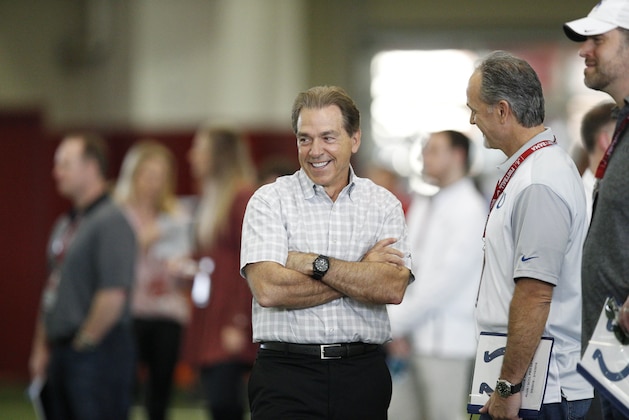 Alabama head coach Nick Saban watches during the Alabama's NFL football Pro Day, Wednesday, March 9, 2016, in Tuscaloosa, Ala. The event is to showcase players for the upcoming NFL football draft.  (AP Photo/Brynn Anderson)