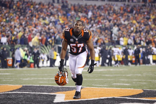 CINCINNATI, OH - JANUARY 9: Vincent Rey #57 of the Cincinnati Bengals looks on against the Pittsburgh Steelers during the AFC Wild Card Playoff game at Paul Brown Stadium on January 9, 2016 in Cincinnati, Ohio. The Steelers defeated the Bengals 18-16. (Photo by Joe Robbins/Getty Images)