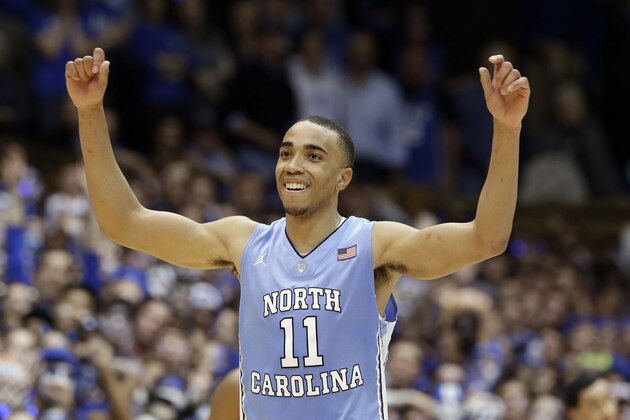 North Carolina's Brice Johnson (11) reacts following North Carolina's 76-72 win over Duke in an NCAA college basketball game in Durham, N.C., Saturday, March 5, 2016. (AP Photo/Gerry Broome)