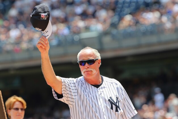 Jun 22, 2014; Bronx, NY, USA;  Former New York Yankee Rich Goose Gossage (54) tips his cap to the fans during the Monument Park Ceremony on Old Timers Day at Yankee Stadium. Mandatory Credit: Anthony Gruppuso-USA TODAY Sports