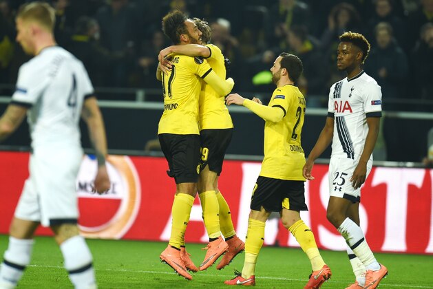 Dortmund's Gabonese striker Pierre-Emerick Aubameyang (2L) and his teammates celebrate after scoring during the UEFA Europe League Round of 16 first leg football match between Borussia Dortmund and Tottenham Hotspurs in Dortmund , western Germany on March 10, 2016.  / AFP / PATRIK STOLLARZ        (Photo credit should read PATRIK STOLLARZ/AFP/Getty Images)
