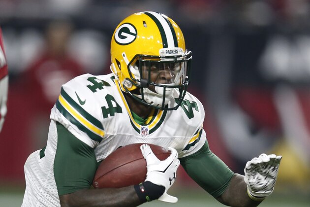Green Bay Packers running back James Starks (44) during an NFL divisional playoff football game against the Arizona Cardinals, Saturday, Jan. 16, 2016, in Glendale, Ariz. (AP Photo/Rick Scuteri)