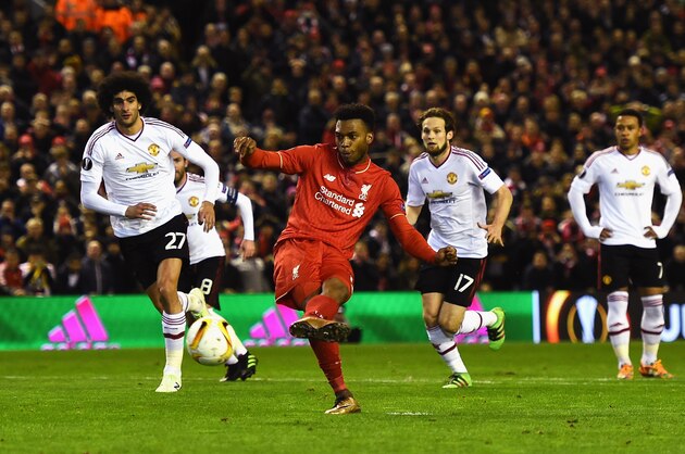 LIVERPOOL, ENGLAND - MARCH 10:  Daniel Sturridge of Liverpool scores their first goal from the penalty spot during the UEFA Europa League Round of 16 first leg match between Liverpool and Manchester United at Anfield on March 10, 2016 in Liverpool, United Kingdom.  (Photo by Laurence Griffiths/Getty Images)