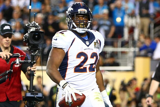 Feb 7, 2016; Santa Clara, CA, USA; Denver Broncos running back C.J. Anderson (22) celebrates after scoring a fourth quarter touchdown against the Carolina Panthers in Super Bowl 50 at Levi's Stadium. Mandatory Credit: Mark J. Rebilas-USA TODAY Sports Feb 7, 2016; Santa Clara, CA, USA; Denver Broncos running back C.J. Anderson (22) celebrates after scoring a fourth quarter touchdown against the Carolina Panthers in Super Bowl 50 at Levi's Stadium. Mandatory Credit: Mark J. Rebilas-USA TODAY Sports