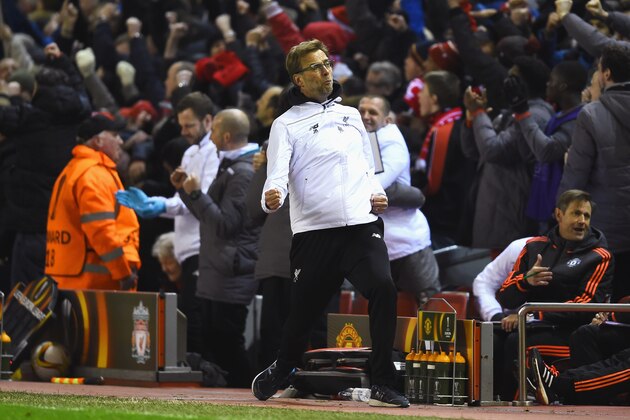 LIVERPOOL, ENGLAND - MARCH 10:  Jurgen Klopp, manager of Liverpool celebrates as Roberto Firmino of Liverpool scores their second goal during the UEFA Europa League Round of 16 first leg match between Liverpool and Manchester United at Anfield on March 10, 2016 in Liverpool, United Kingdom.  (Photo by Laurence Griffiths/Getty Images)