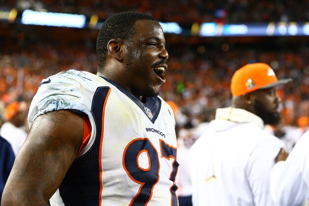 Feb 7, 2016; Santa Clara, CA, USA; Denver Broncos defensive tackle Malik Jackson (97) against the Carolina Panthers in Super Bowl 50 at Levi's Stadium. Mandatory Credit: Mark J. Rebilas-USA TODAY Sports