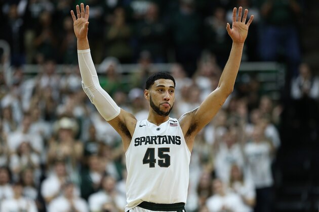 EAST LANSING MI - MARCH 5: Denzel Valentine #45 of the Michigan State Spartans celebrates a win over the Ohio State Buckeyes on March 5, 2016 at the Breslin Center in East Lansing, Michigan. The Spartans defeated the Buckeyes 91-76. (Photo by Leon Halip/Getty Images)