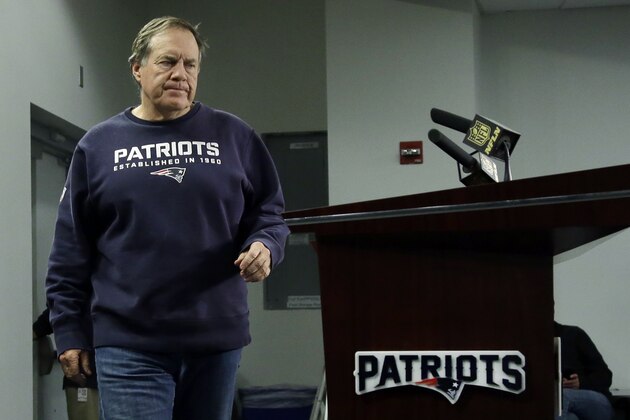 New England Patriots head coach Bill Belichick approaches the podium for a news conference to wrap up the football team's NFL season, Monday, Jan. 25, 2016, in Foxborough, Mass. The Denver Broncos beat the Patriots 20-18 in Sunday's AFC Championship in Denver. (AP Photo/Elise Amendola) New England Patriots head coach Bill Belichick approaches the podium for a news conference to wrap up the football team's NFL season, Monday, Jan. 25, 2016, in Foxborough, Mass. The Denver Broncos beat the Patriots 20-18 in Sunday's AFC Championship in Denver. (AP Photo/Elise Amendola)