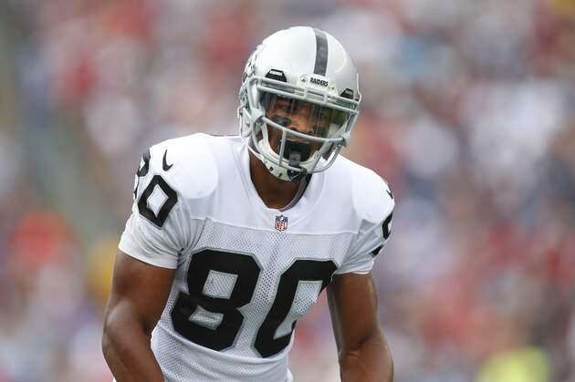 Oakland Raiders wide receiver Rod Streater (80) lines up before the play during an NFL game against the New England Patriots at Gillette Stadium in Foxborough, Mass. on Sunday, Sept. 21, 2014 . (Chris Keane/AP Images for Panini)