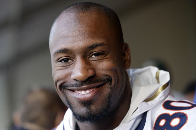 Denver Broncos tight end Vernon Davis smiles as he speaks to reporters in Santa Clara, Calif., Wednesday, Feb. 3, 2016. The Denver Broncos will play the Carolina Panthers in Super Bowl 50 Sunday, Feb. 7, 2016. (AP Photo/Jeff Chiu)