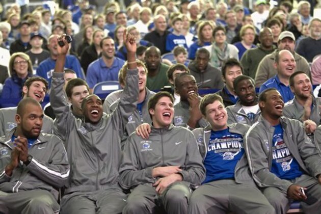 Creighton players from left: Gregory Echenique, Jahenns Manigat, Doug McDermott, Grant Gibbs and Antoine Young, react at the NCAA college basketball tournament selection show viewing party in Omaha, Neb., Sunday, March 11, 2012.  Missouri Valley Conference tournament champion Creighton plays Alabama in its first NCAA tournament bid since 2007. (AP Photo/Nati Harnik)