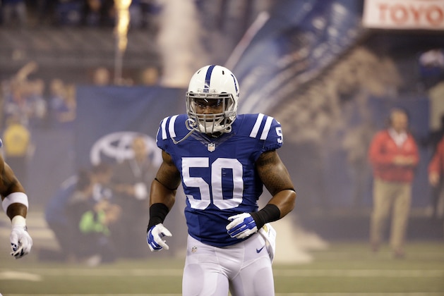 Indianapolis Colts inside linebacker Jerrell Freeman before an NFL football game against the New England Patriots in Indianapolis, Sunday, Oct. 18, 2015. (AP Photo/John Minchillo)
