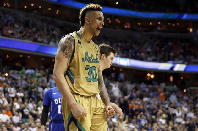 Notre Dame forward Zach Auguste (30) reacts after a play during the second half of an NCAA college basketball game in the Atlantic Coast Conference tournament against Duke, Thursday, March 10, 2016, in Washington. Notre Dame won 84-79 in overtime. (AP Photo/Alex Brandon)