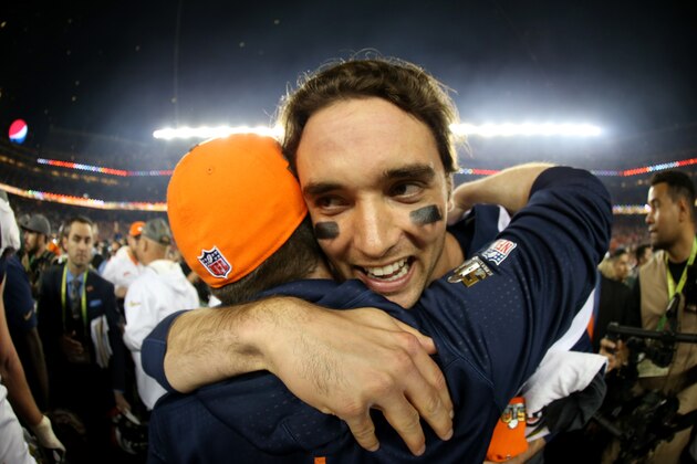 SANTA CLARA, CA - FEBRUARY 07:  Brock Osweiler #17 of the Denver Broncos celebrates after winning Super Bowl 50 at Levi's Stadium on February 7, 2016 in Santa Clara, California. The Denver Broncos defeated the Carolina Panthers 24-10.  (Photo by Streeter Lecka/Getty Images)