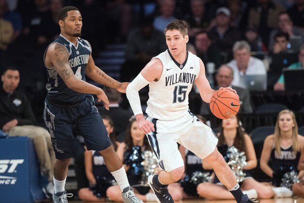 Mar 10, 2016; New York, NY, USA;Villanova Wildcats guard Ryan Arcidiacono (15) dribbles around Georgetown Hoyas guard D'Vauntes Smith-Rivera (4) in the first half during the Big East conference tournament at Madison Square Garden. Mandatory Credit: William Hauser-USA TODAY Sports