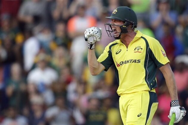 CAPTION CORRECTS THE NAME - Australia’s batsman James Faulkner reacts after scoring the winning runs during the second T20 cricket match between South Africa and Australia at the Wanderers stadium in Johannesburg, South Africa, Sunday, March 6, 2016. Australia beat South Africa by 5 wickets with 0 balls remaining. (AP Photo/Themba Hadebe)