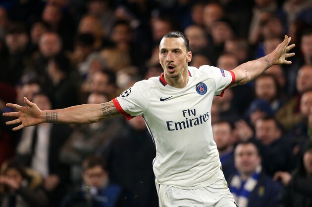 LONDON, ENGLAND - MARCH 9: Zlatan Ibrahimovic of PSG celebrates his goal during the UEFA Champions League round of 16 second leg match between Chelsea FC and Paris Saint-Germain at Stamford Bridge stadium on March 9, 2016 in London, England. (Photo by Jean Catuffe/Getty Images)