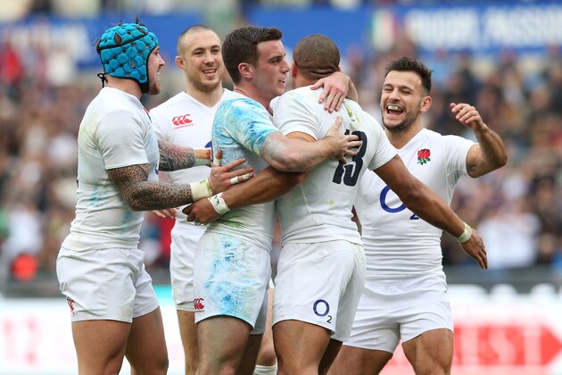 ROME, ITALY - FEBRUARY 14:  Jonathan Joseph of England is congratulated by teammates Jack Nowell (L), Mike Brown (2nd L), George Ford (3rd L) and Danny Care (R)of England after scoring his team's third try during the RBS Six Nations match between Italy and England at the Stadio Olimpico on February 14, 2016 in Rome, Italy.  (Photo by David Rogers/Getty Images)
