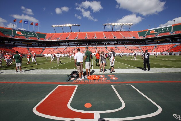 FILE - In this Saturday, Oct. 22, 2011 file photo, Sun Life Stadium is shown before the start of an NCAA football game between the Miami Hurricanes and the Georgia Tech Yellow Jackets, in Miami.  Football stadiums in the Atlantic Coast Conference generally are less full than they were last year. The 12 ACC teams have been filled to only 86.9 percent capacity this season. According to league data, its stadiums were roughly 90 percent full during the 2010 regular season. (AP Photo/Wilfredo Lee)