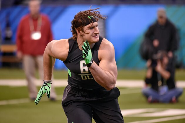 Ohio State defensive lineman Joey Bosa runs a drill at the NFL football scouting combine, Sunday, Feb. 28, 2016, in Indianapolis. (AP Photo/L.G. Patterson)