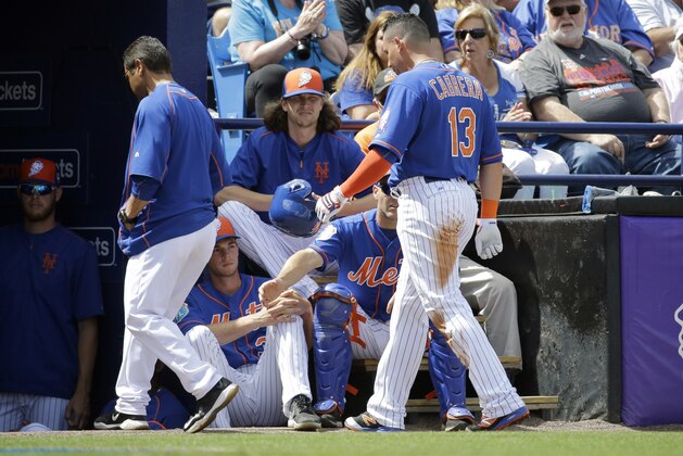 New York Mets' Asdrubal Cabrera leaves during the first inning of an exhibition spring training baseball game against the St. Louis Cardinals Thursday, March 10, 2016, in Port St. Lucie, Fla. (AP Photo/Jeff Roberson)