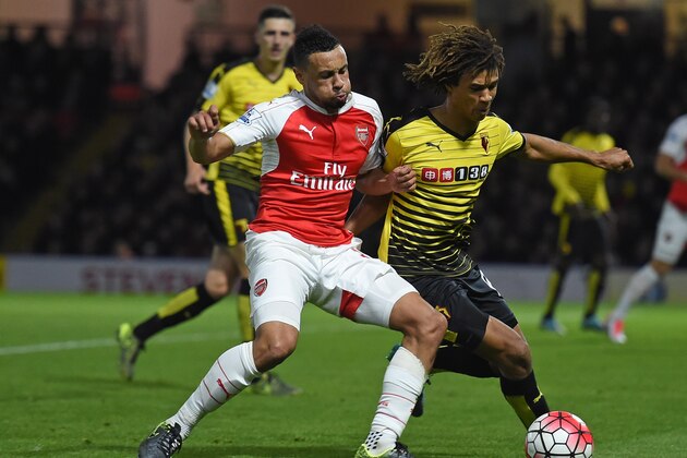 Watford's Dutch defender Nathan Ake (R) vies with Arsenal's French midfielder Francis Coquelin during the English Premier League football match between Watford and Arsenal at Vicarage Road Stadium in Watford, north of London on October 17, 2015. Arsenal won the game 3-0. AFP PHOTO / PAUL ELLIS

RESTRICTED TO EDITORIAL USE. No use with unauthorized audio, video, data, fixture lists, club/league logos or 'live' services. Online in-match use limited to 75 images, no video emulation. No use in betting, games or single club/league/player publications.        (Photo credit should read PAUL ELLIS/AFP/Getty Images)