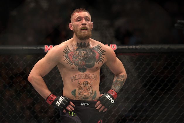 LAS VEGAS, NV - MARCH 5:   Conor McGregor prepares for the second round to begin while facing Nate Diaz in their welterweight bout during the UFC 196 in the MGM Grand Garden Arena on March 5, 2016 in Las Vegas, Nevada. (Photo by Brandon Magnus/Zuffa LLC/Zuffa LLC via Getty Images)