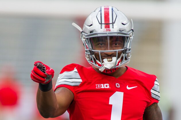 Sep 12, 2015; Columbus, OH, USA; Ohio State Buckeyes wide receiver Braxton Miller (1) before the game against the Hawaii Warriors at Ohio Stadium. The Ohio State Buckeyes beat the Hawaii Warriors by the score of 38-0. Mandatory Credit: Trevor Ruszkowski-USA TODAY Sports