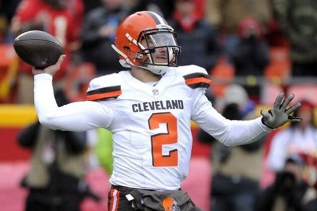 FILE - In this Dec. 27, 2015, file photo, Cleveland Browns quarterback Johnny Manziel (2) throws during the first half of an NFL football game against the Kansas City Chiefs in Kansas City, Mo. Manziel had a second straight troubling season with Cleveland, one that included him being benched for misbehavior off the field. Browns owner Jimmy Haslam Haslam said Manziel made “undeniable” progress as a starter, but the 2012 Heisman Trophy winner’s commitment remains a major question mark. (AP Photo/Ed Zurga, File)