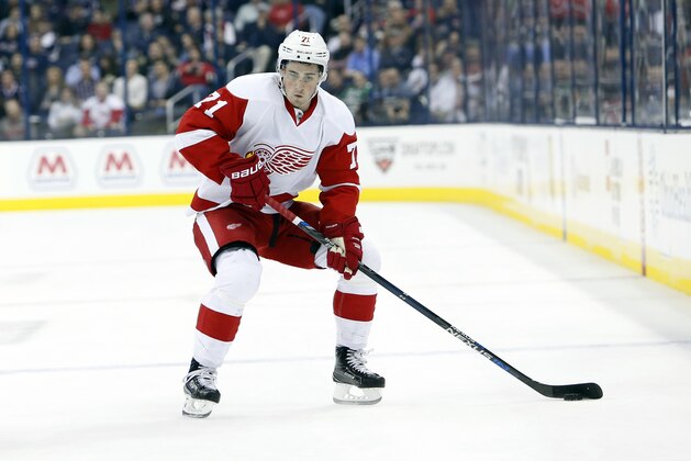 Detroit Red Wings' Dylan Larkin plays against the Columbus Blue Jackets during an NHL hockey game Tuesday, March 8, 2016, in Columbus, Ohio. (AP Photo/Jay LaPrete)