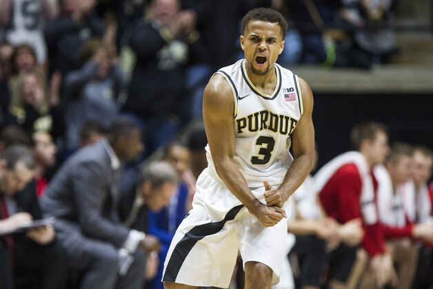 Purdue’s P.J. Thompson (3) celebrates after scoring a three-pointer during the first half of an NCAA college basketball game against Wisconsin Sunday, March 6, 2016, in West Lafayette, Ind. (AP Photo/Robert Franklin)