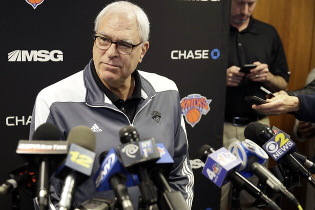 New York Knicks president Phil Jackson speaks to reporters during a news conference in Greenburgh, N.Y., Monday, Feb. 8, 2016. Derek Fisher was fired as New York Knicks coach Monday, with his team having lost five straight and nine of 10 to fall well back in the Eastern Conference playoff race. (AP Photo/Seth Wenig)