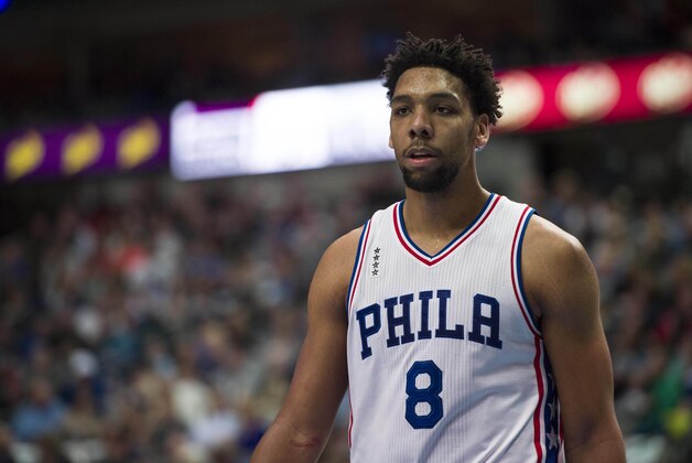 Feb 21, 2016; Dallas, TX, USA; Philadelphia 76ers center Jahlil Okafor (8) reacts to a foul call during the first half against the Dallas Mavericks at the American Airlines Center. Mandatory Credit: Jerome Miron-USA TODAY Sports