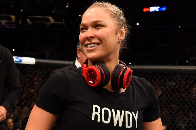 LOS ANGELES, CA - FEBRUARY 28:  Ronda Rousey celebrates her victory over Cat Zingano in their UFC women's bantamweight championship bout during the UFC 184 event at Staples Center on February 28, 2015 in Los Angeles, California.  (Photo by Josh Hedges/Zuffa LLC/Zuffa LLC via Getty Images)