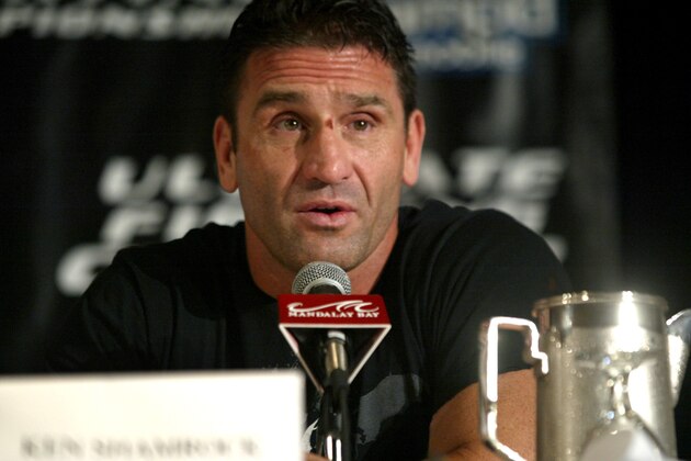 Ken Shamrock speaks during the pre-fight press conference to promote the Ultimate Fighting Championship 61 at the Mandalay Bay Events Center in Las Vegas on July 6, 2006. Bitter rivals Tito Ortiz will fight Ken Shamrock for the Ultimate Fighter 3 Grudge Match at the Mandalay Bay Events Center in Las Vegas on Saturday, July 8, 2006. (AP Photo/Jane Kalinowsky)