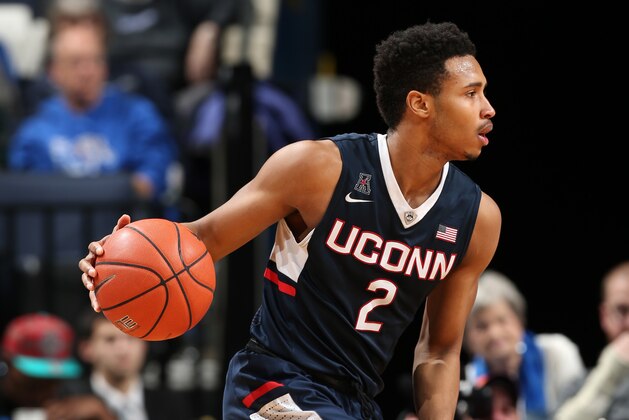MEMPHIS, TN - FEBRUARY 4: Jalen Adams #2 of the Connecticut Huskies drives with the ball against the Memphis Tigers on February 4, 2016 at FedExForum in Memphis. Connecticut defeated Memphis 77-57. (Photo by Joe Murphy/Getty Images)