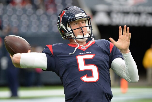 Houston Texans quarterback Brandon Weeden (5) throws before an NFL football game against the Jacksonville Jaguars, Sunday, Jan. 3, 2016, in Houston. (AP Photo/George Bridges)