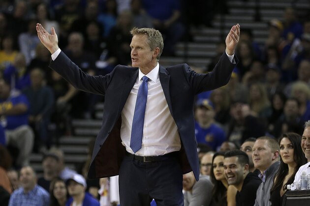 Golden State Warriors coach Steve Kerr gestures from the sideline during the second half of an NBA basketball game against the Utah Jazz Wednesday, March 9, 2016, in Oakland, Calif. (AP Photo/Ben Margot)