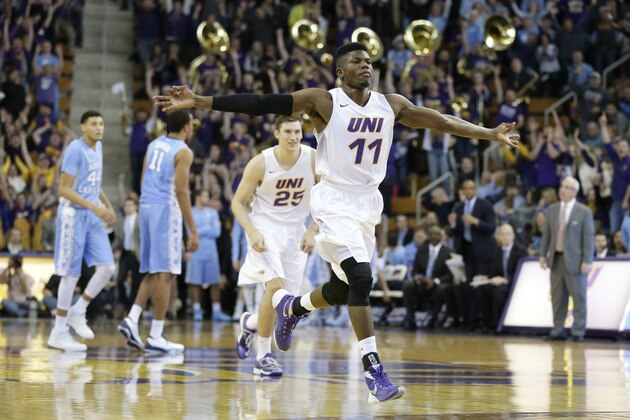 Northern Iowa guard Wes Washpun reacts after making a three-point basket at the end of the first half of an NCAA college basketball game against North Carolina, Saturday, Nov. 21, 2015, in Cedar Falls, Iowa. (AP Photo/Charlie Neibergall)