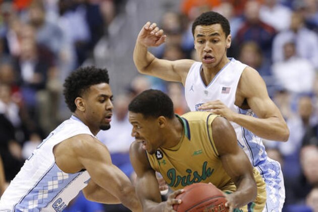 North Carolina's Joel Berry II, left, and Marcus Paige, right, pressure North Carolina forward Brice Johnson during the first half of an NCAA college basketball game in the Atlantic Coast Conference men's tournament, Friday, March 11, 2016, in Washington. (AP Photo/Steve Helber) North Carolina's Joel Berry II, left, and Marcus Paige, right, pressure North Carolina forward Brice Johnson during the first half of an NCAA college basketball game in the Atlantic Coast Conference men's tournament, Friday, March 11, 2016, in Washington. (AP Photo/Steve Helber)
