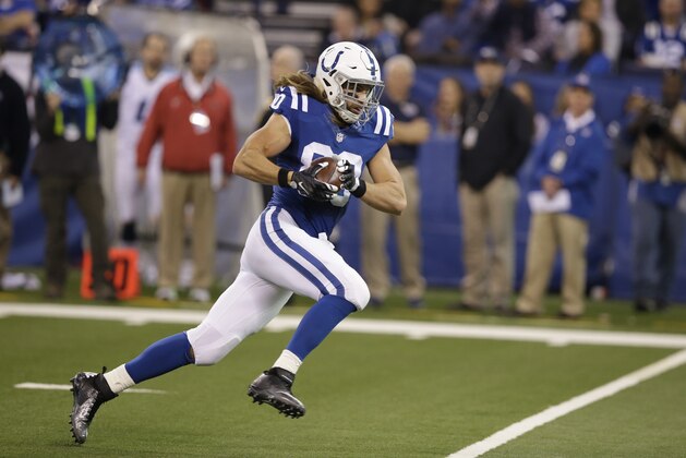 Indianapolis Colts tight end Coby Fleener (80) runs to the end zone for a touchdown against the Tennessee Titans during the first half of an NFL football game in Indianapolis, Sunday, Jan. 3, 2016. (AP Photo/Darron Cummings)