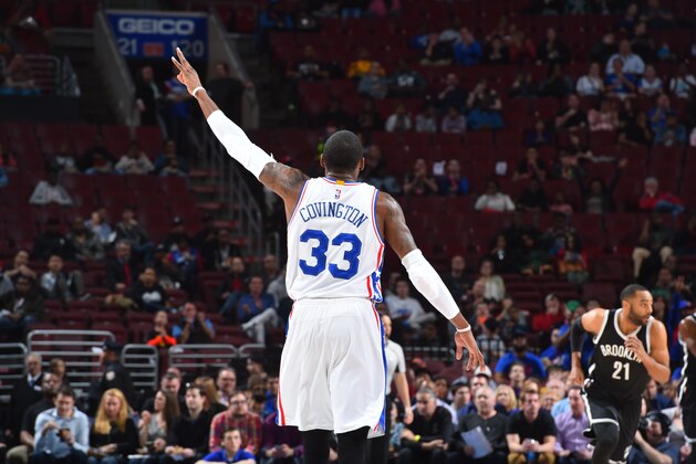 PHILADELPHIA,PA - MARCH 11:  Robert Covington #33 of the Philadelphia 76ers reacts after hitting a three pointer against the Brooklyn Nets at Wells Fargo Center on March 11, 2016 in Philadelphia, Pennsylvania NOTE TO USER: User expressly acknowledges and agrees that, by downloading and/or using this Photograph, user is consenting to the terms and conditions of the Getty Images License Agreement. Mandatory Copyright Notice: Copyright 2016 NBAE (Photo by Jesse D. Garrabrant/NBAE via Getty Images)
