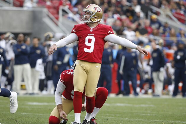 San Francisco 49ers kicker Phil Dawson (9) kicks a field goal against the St. Louis Rams during the first half of an NFL football game in Santa Clara, Calif., Sunday, Jan. 3, 2016. (AP Photo/Tony Avelar)