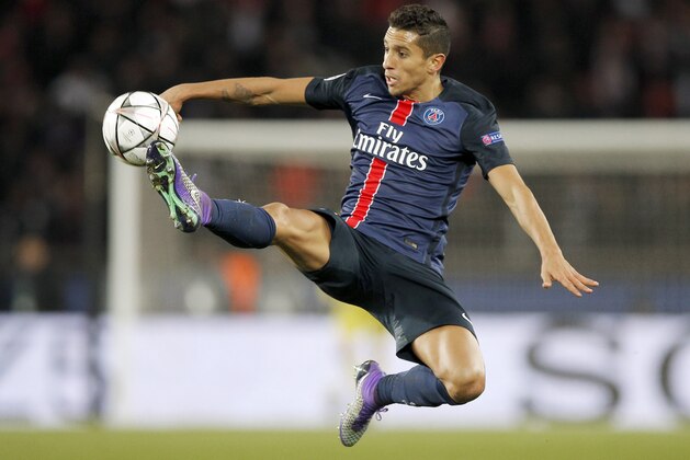 PSG's Marquinhos controls the ball during the Champions League round of 16, 1st leg soccer match between Paris Saint Germain and Chelsea at the Parc des Princes stadium in Paris, France, Tuesday, Feb. 16, 2016. (AP Photo/Christophe Ena)