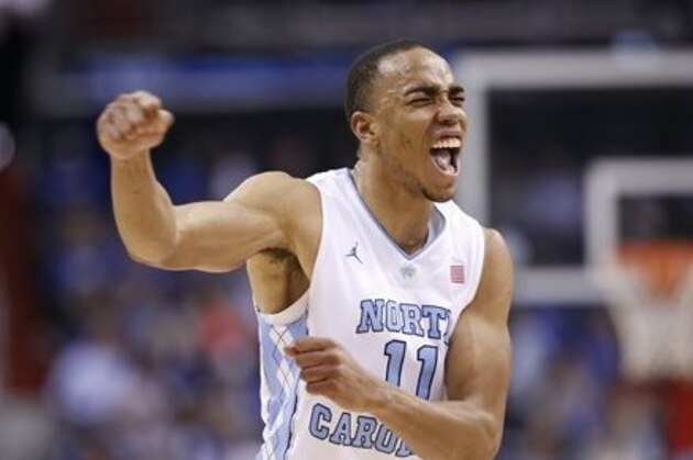 North Carolina forward Brice Johnson (11) reacts after a play during the first half of an NCAA college basketball game in the Atlantic Coast Conference tournament against Pittsburgh, Thursday, March 10, 2016, in Washington. (AP Photo/Alex Brandon)
