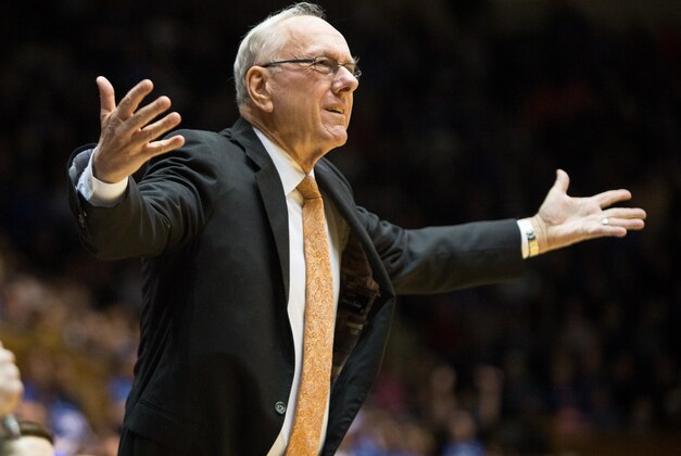 Syracuse head coach Jim Boeheim gestures towards the court during the first half of an NCAA college basketball game against Duke at Cameron Indoor Stadium in Durham, N.C., Monday, Jan. 18, 2016. (AP Photo/Ben McKeown)
