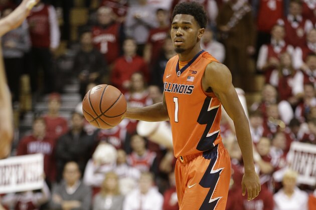 Illinois' Jaylon Tate (1) in action during the first half of an NCAA college basketball game against Indiana, Tuesday, Jan. 19, 2016, in Bloomington, Ind. (AP Photo/Darron Cummings)