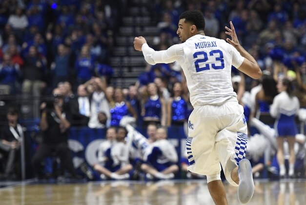 Mar 11, 2016; Nashville, TN, USA; Kentucky Wildcats guard Jamal Murray (23) celebrates after a three-point basket in the first half against the Alabama Crimson Tide during the SEC tournament at Bridgestone Arena. Mandatory Credit: Christopher Hanewinckel-USA TODAY Sports